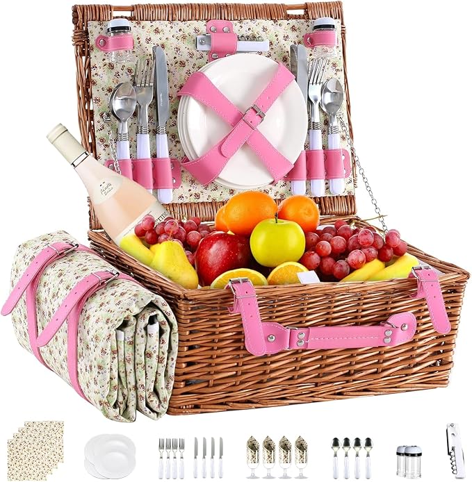 Picnic Basket Set for 4 with Waterproof Blanket Mat Insulation Bag Wicker Pink Floral Classic Fresh Gift for Christmas Thanksgiving Wedding Birthday Camp Outdoor Beach Travel by YPshuye