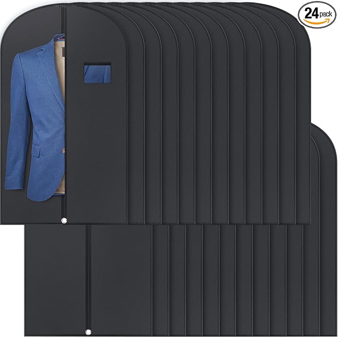 24 Pack Black Garment Bag Bulk for Closet Storage 40 Inch Hanging Suit Bags Cover Clothes Cover for Hanging with Zipper and Clear Window for Travel Men Coat Jacket Dance Dress by Woanger