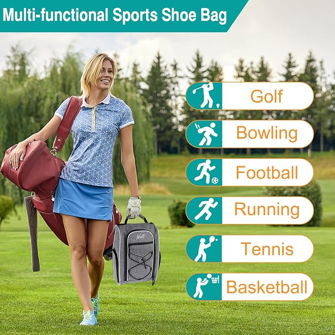 Wolt 2 Pcs Golf Shoe Bag for Travel- Zippered Shoes Carrier Bags with Ventilation & Double Outside Accessory Pocket for Socks, Tees, Golf Balls, Etc. for Women and Men (Black+Grey) - Image 6