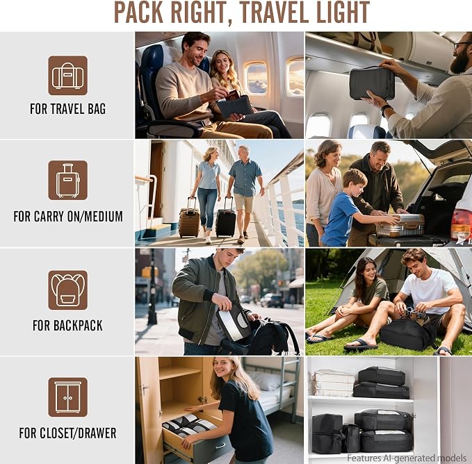 Veken 10 Set Packing Cubes for Travel Essentials,Anti-Wrinkle Buckled Suitcase Organizer for Shoe & Toiletry Bag,Carry On Luggage Bag with 99+ Count Mesh Holes for Airplane & College Dorm Accessories - Image 8