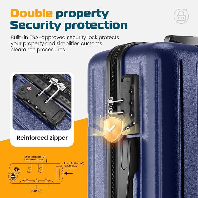 Hoteel Luggage Sets 5 Piece (4-YEARS WARRANTY), ABS+PC Suitcases with Wheels and Side Hook, Hardshell 20/24/28 inch Luggage with Duffel Bag Travel Bag, Dark Blue - Image 3