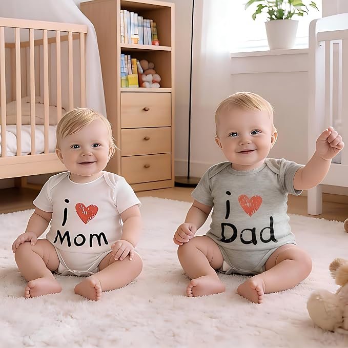CREVENT Set for Newborns 0-3 Month 100% Cotton Bodysuit- I Love Dad & Mom Onesie 2 Packs (Grey & White Rompers with a Cotton Gift Bag) - Image 4