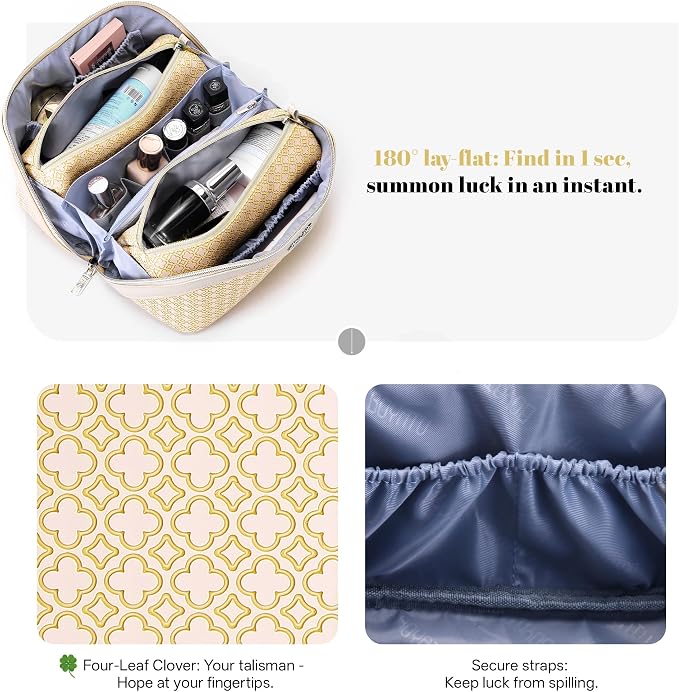 BOYATU Travel Makeup Bag for Women: Four Leaf Clover Large Capacity 3 Pcs Set Cosmetic Bags - Waterproof 50% Extra Space for Toiletry Organizer - Travel Essentials for Fortunate (09 Yellow) - Image 7