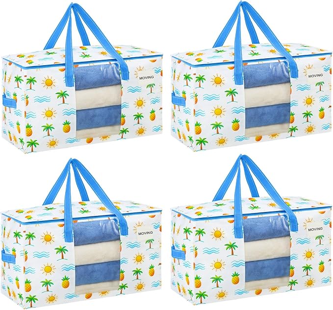 VENO 4 Pack Heavy Duty Moving Bags, Clothes and Comforter Storage Bags with Clear Window, College Dorm Essentials Packing Supplies, Foldable Boxes Alternative (Tropical Island, 4 Pack) by Veno