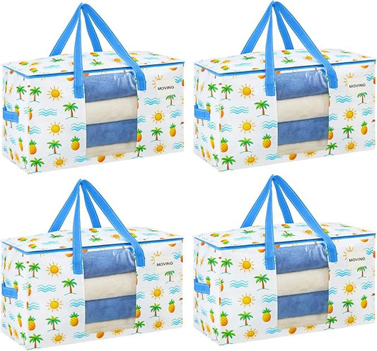 VENO 4 Pack Heavy Duty Moving Bags, Clothes and Comforter Storage Bags with Clear Window, College Dorm Essentials Packing Supplies, Foldable Boxes Alternative (Tropical Island, 4 Pack) by Veno