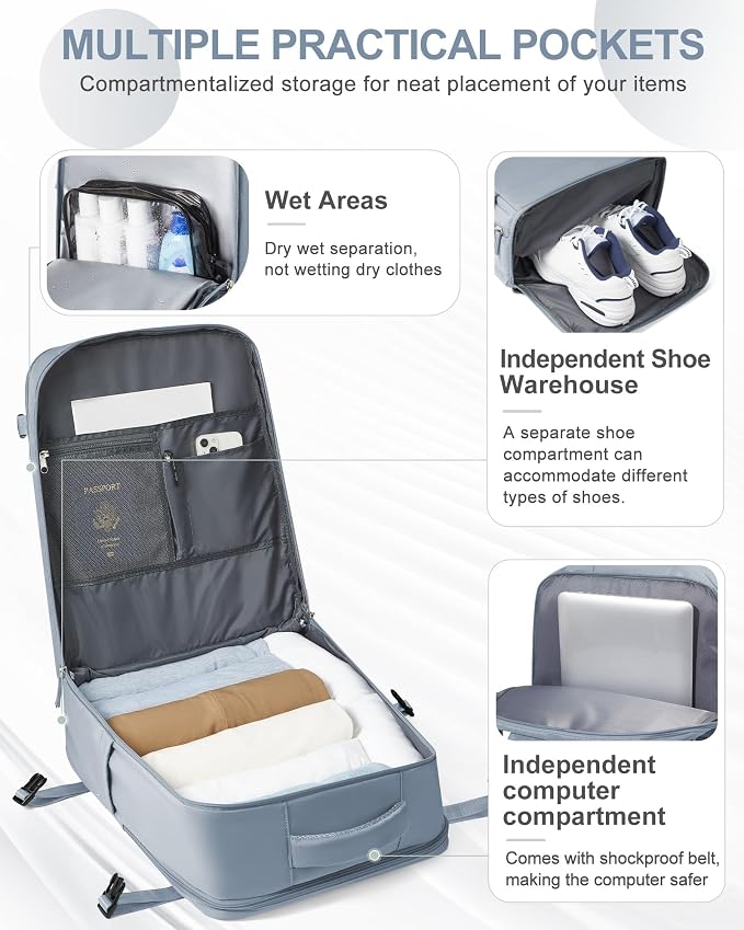 coowoz Large Travel Backpack Carry On for Women Man Waterproof Gym Backpack with Laptop Compartment Mochila de Viaje Teacher Personal Item Backpacks Rucksack Airplane Accessories Must Haves Gray Blue - Image 3