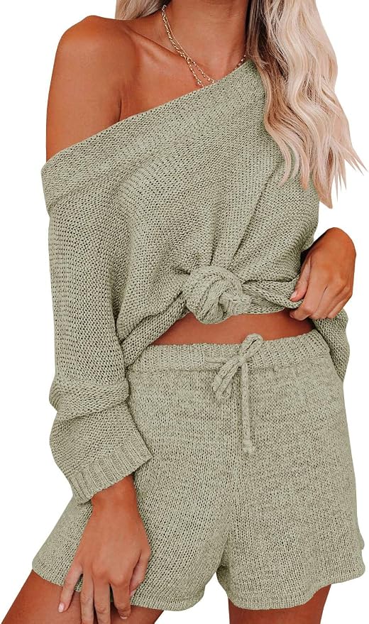 Ermonn Womens 2 Piece Outfits Sweater Sets Off Shoulder Knit Tops Waist Short Suits Casual Pajama Set - Image 2