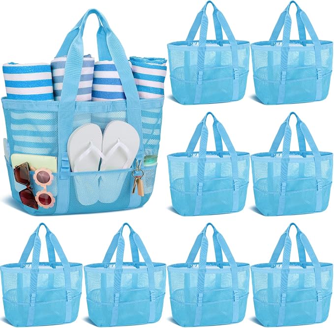 Hillban Large Beach Mesh Bags Bulk for Women Beach Tote Bag with 8 Pocket Zipper Waterproof Sandproof for Pool Cruise Ship by Hillban