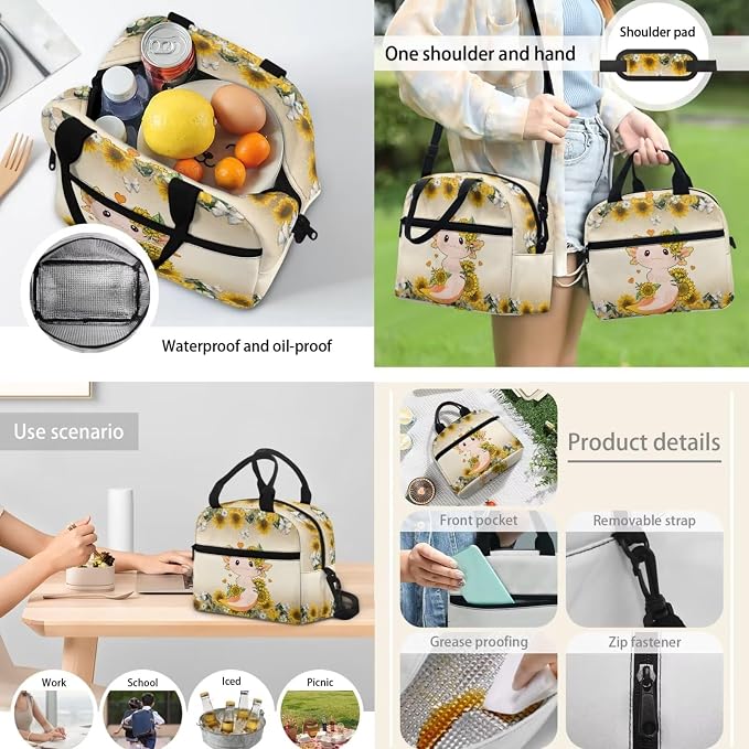 POLERO Cute School Bag Bookbag for Teen Girls Sunflower Axolotl Backpacks with Lunch Box Toddler Kindergarten School Bags Set - Image 5
