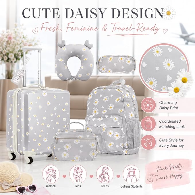 Redbaker 6 Pcs Kids Luggage Set, 17 Inch Rolling Suitcase with Backpack Lunch Bag Neck Pillow, Grey Daisy Travel Set for Summer Vacation Sleepover Back to School Gift - Image 4