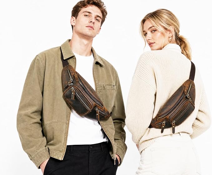 Water Resistant Canvas + Leather Hiking Riding Travel Fanny Waist Pack Small Phone Pouch For Men Women FB811-29 (Dark Brown-346) - Image 3