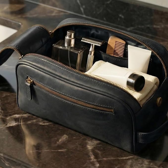 Full Grain Leather Toiletry Bag for Men & Women – Water-Resistant Travel Shaving Kit Organizer with YKK Zipper, Spacious Bathroom Grooming & Cosmetic Storage Case - Black - Image 8