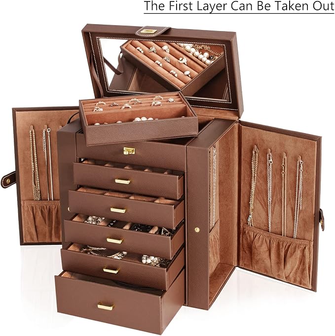 AKOZLIN 6-Tier Jewelry Box Organizer Functional 5 Drawers Leather Jewelry Storage Case for Women Girls Ring Necklace Earring Bracelet Holder Organizer with Mirror Extra Large Brown - Image 2