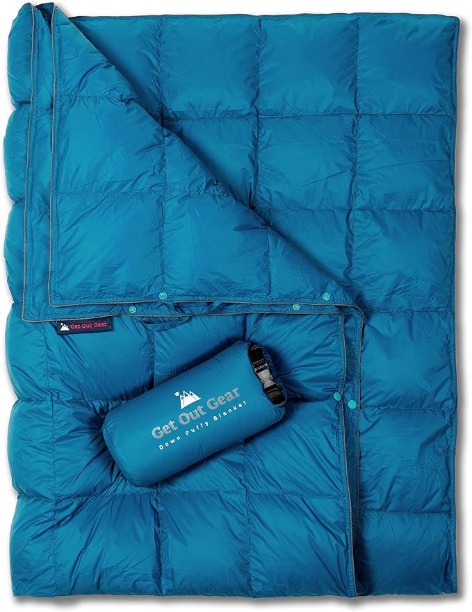 Get Out Gear Down Camping Blanket - Puffy, Packable, Lightweight and Warm | Ideal for Outdoors, Travel, Stadium, Festivals, Beach, Hammock | 650 Fill Power Water-Resistant Backpacking Quilt by Get+Out+Gear