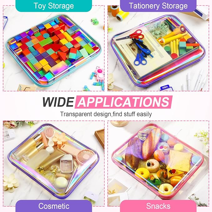 Sanwuta 6 Pcs Clear Hard Zipper Case Plastic Zipper Pouches Transparent Makeup Bag Pencil Case Pouches Toiletry Diaper Bag for Travel Toy Storage Organizer Bins(Holographic,13.78 x 11.81 x 2 Inch) - Image 7