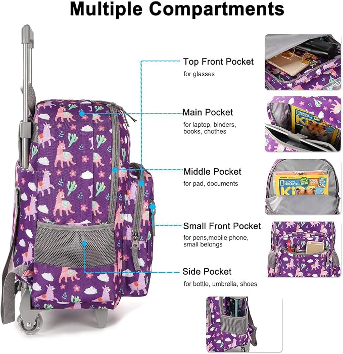 Tilami Rolling Backpack 18 inch Double Handle with Lunch Bag Wheeled Kids Backpack for Girls and Boys, Purple Alpaca - Image 4