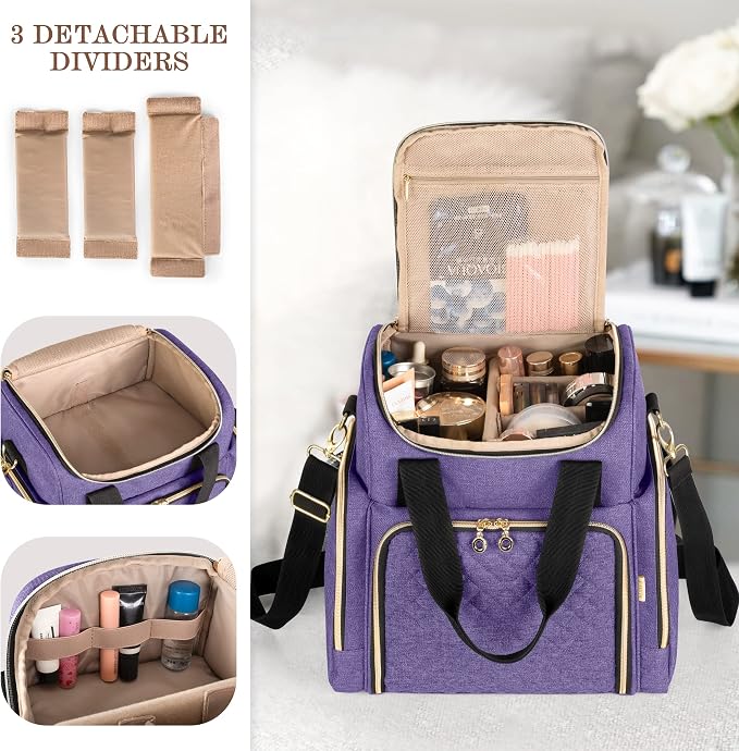 LUXJA Travel Makeup Bag with 2 Removable Makeup Cases, Purple | Large Cosmetic Bag with Multiple Storage Sections, 3 Detachable Dividers, Detachable Shoulder Strap, Trolley Sleeve - Image 2