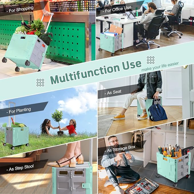 FELICON Folding Utility Cart Rolling Crate Handcart Basket Tote-Green+Gray | Collapsible Hidden Lid,Plastic Box,Telescoping Handle,4 Rotate Wheels for Travel Shop Move Grocery Laundry Office Teacher Use - Image 7