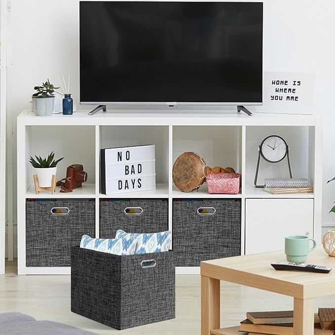 Posprica 13x15x13in Collapsible Storage Bins, Fabric Foldable Cube Storage Boxes, Decorative Storage Baskets Organizer for IKEA Kallax, Shelves, Closet, Clothes, Set of 4-Black - Image 3