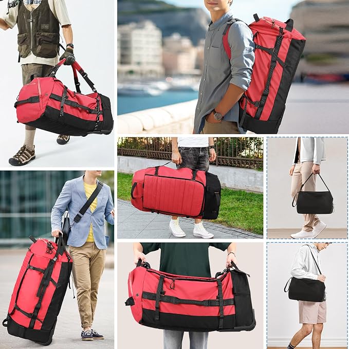 Vomgomfom 86L Foldable Duffle Bag with Wheels - Waterproof Rolling Travel Bag, Collapsible Luggage No Telescopic Handle, for Men Women Camping Sports Weekend Trips，Red - Image 2