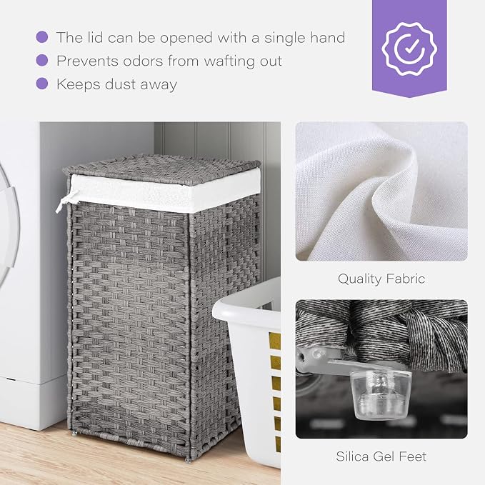 Paylesshere Laundry Basket Handwoven Laundry Hamper 90L/110L Foldable Rattan Hamper With Lid,2 Removable Liner Bags & 6 Laundry Bags,Clothes Hamper Bathroom Laundry Basket,Grey - Image 5