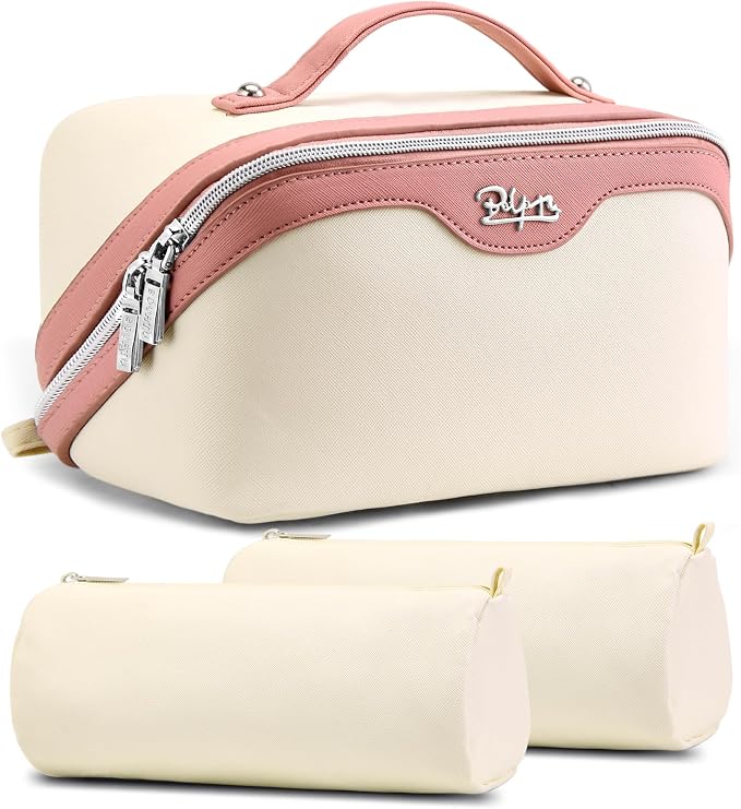 BOYATU Travel Makeup Bag Organizer Cosmetic Bag: 3 Pcs Set Make up Bags for Women with Handle - Waterproof Vegan Leather Toiletry Bags Travel Essentials Pouch with Compartments (A-08-White) by BOYATU