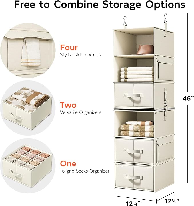 Vailando 6-Shelf Hanging Closet Organizer with 3 Drawers, 2 Separable 3-Shelf Closet Organizers and Storage for Wardrobe Organization, Hanging Dresser for Nursury & Dorm Clothes Organizer, Beige - Image 3