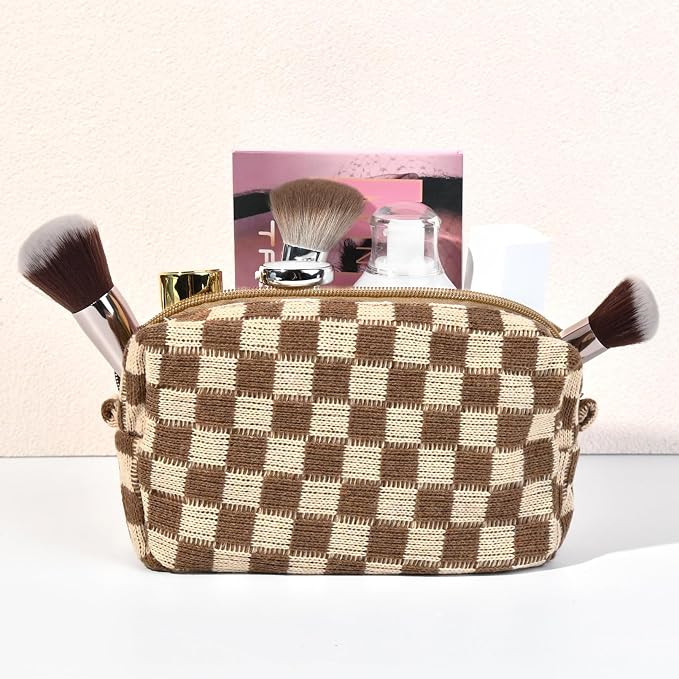 SOIDRAM 2 Pack Checkered Makeup Bag for Women, Cute Makeup Pouch Small Makeup Bag Travel Cosmetic Organizer for Toiletries, Brushes & Skincare - Image 3