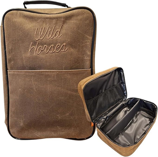Wild Horses Golf Shoe Bag - Premium 12oz Waxed Canvas w Ventilation - Free Mini Towel & Shoe Horn - Easy Clean Wipe Down Interior - Waterproof Travel Storage - Men & Women up to Size 14 - Khaki by Unknown