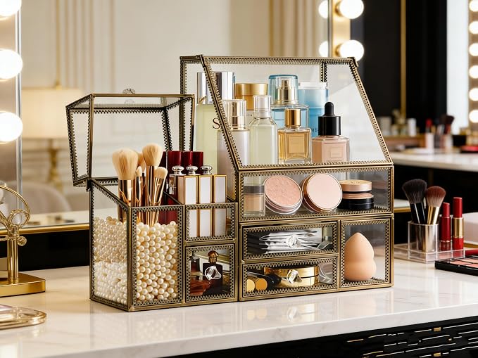 Luxury Glass Makeup Organizer Antique Bronze Metal Frame, Clear Vanity Countertop Storage Case for Cosmetics, Skincare, Perfume, Jewelry, Brush Holder & Drawers for Bathroom, Bedroom, Dressing Table - Image 3