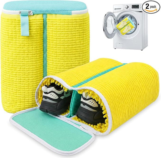 Dual Compartment Shoe Washing Machine Bag, Heavy-Duty Sneaker Laundry Bags with Clasp-Lock Zipper, Thick Chenille & Reinforced Seams for Maximum Protection, Yellow/Blue, 2-Pack by TadpoleJump