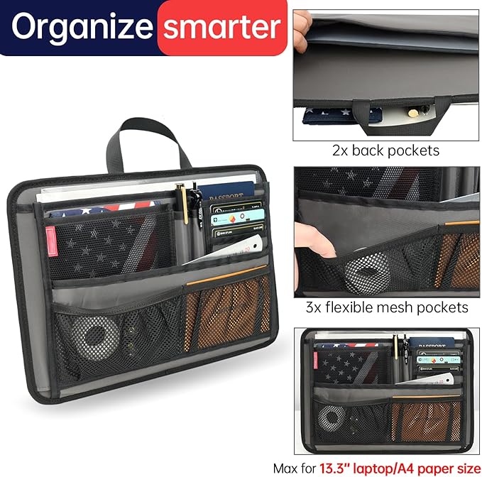 Slim Rugged Organizer Insert for Briefcase Messenger Tote Bag-13 Pockets,Durable Padded Nylon,Handle - Grey - Image 4