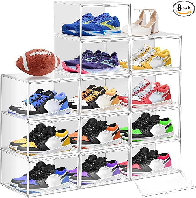 8 Pack Clear Shoe Boxes Shoe Organizer for Closet Size 12 Transparent Sneaker Display Case Stackable Storage Cubbies Grow Box with Magnetic Lid by EZJOB
