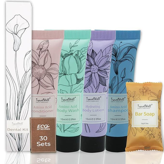 Travel Well Hotel Toiletry Kit Bulk - Individually Wrapped Guest Bathroom Essentials - Shampoo Conditioner Set & Travel Toiletries - Soap Bars & Dental Kits - 180-Piece Set, Mint Scent