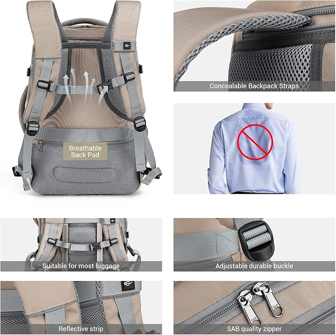 MOLNIA 50L Expandable Travel Backpack for Women Men, Carry On Travel Essentials, Flight Approved Fits 21 Inch Laptop Backpack, Waterproof Business Suitcase Weekender Backpack, Beige - Image 5