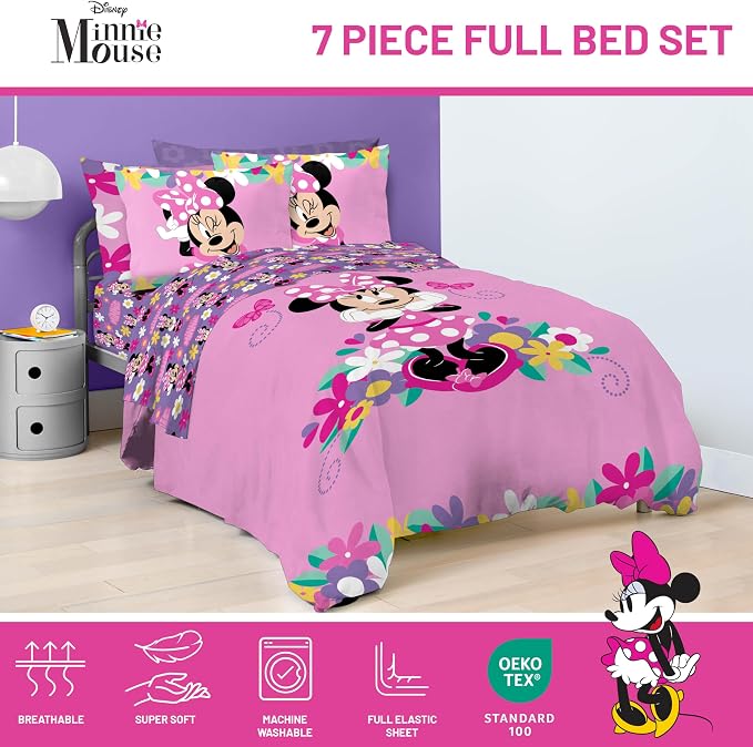 Disney Minnie Mouse Full Size Comforter Set 7 Piece Kids Bedding, Pink | Bed in a Bag, Comforter Sheets Shams Pillowcases, Official Brand, Soft Microfiber, Machine Washable, Girls Gift - Image 4