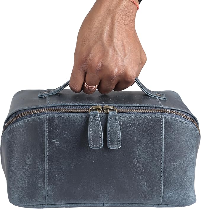 KomalC Luxury Leather Men’s Toiletry Travel Bag – Handmade Shaving Kit with Waterproof Interior, Spacious Storage & Carry Handle – leather travel Kit Bag for Men & Women (Blue) - Image 6