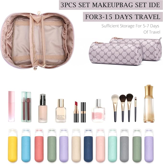 Travel Makeup Bags for Women: 3 Pcs Set Luxury Bow Print Make up Bag - Large Capacity Cute Cosmetic Case - 3–15 Day Travel Toiletry Organizer Bag, Comes with An Gift Box(Moon mist gray) - Image 4