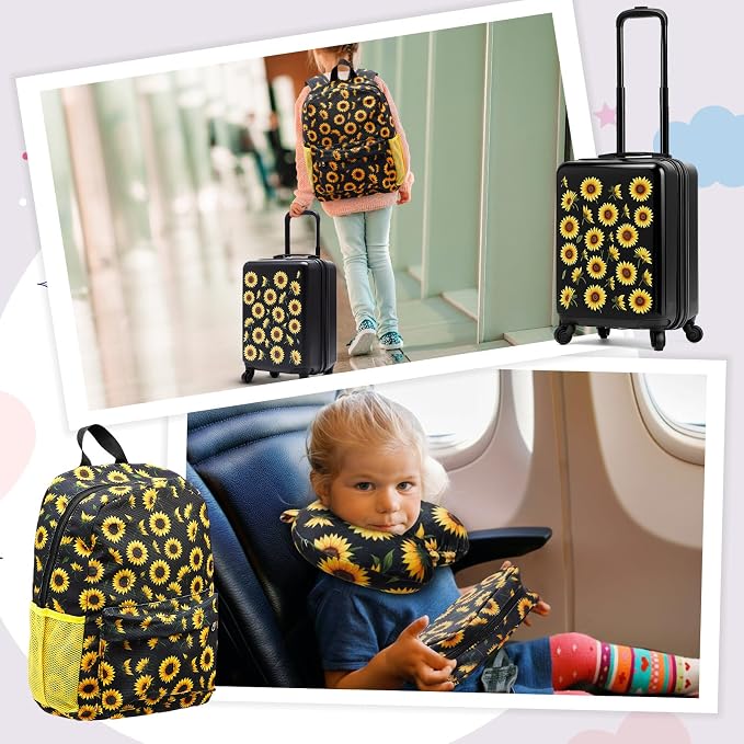 Redbaker 6 Pcs Kids Luggage Set, 17 Inch Rolling Suitcase with Backpack Lunch Bag Neck Pillow, Sunflower Travel Set for Summer Vacation Sleepover Back to School Gift - Image 6