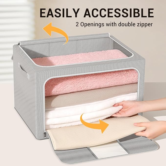 Clothes Storage Bins with Metal Frame Foldable Storage Box Clothes Organizers Storage Containers for Clothes Sheets Blankets Books Toys Gifts and Holiday Decorations (100Lx3 Pack) - Image 4
