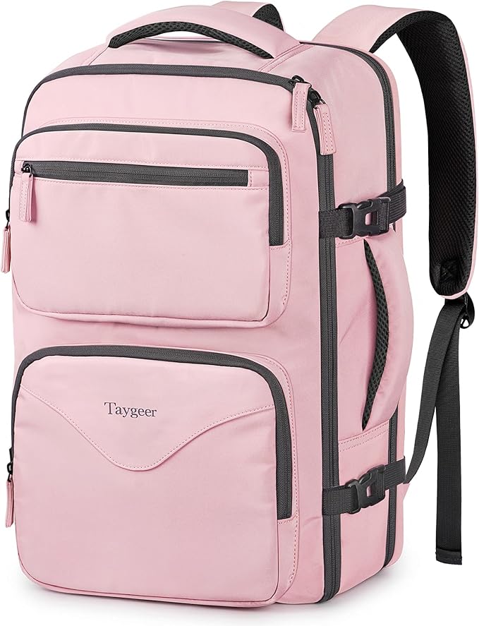 Taygeer Travel Backpack for Women, Travel Personal Item Bag with Shoe Pouch | TSA Approved Under Seat Carry on Backpack with Water Bottle Pocket Fits 15.6inch Laptop, Travel Essentials for Airplanes,Pink by Taygeer