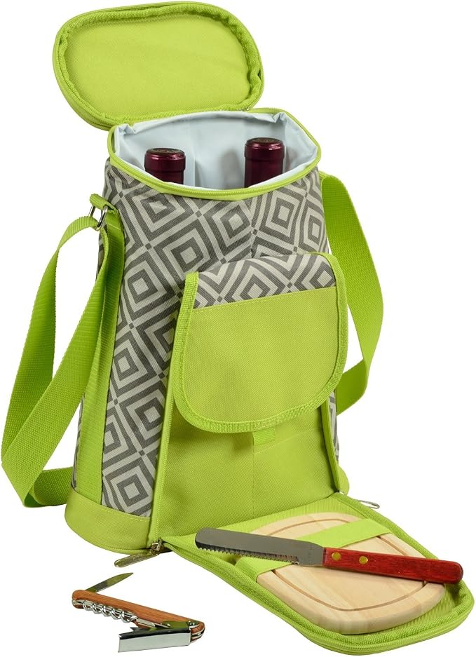 Picnic at Ascot Stylish 2 Bottle Insulated Wine Tote Bag With Cheese Board, Granite Grey/Green by PicnicatAscot