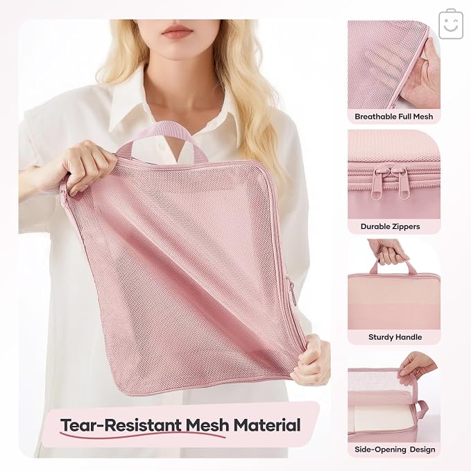 Veken 9/11 Set Compression Packing Cubes Garment Bags for Travel Essentials,Compressible Expandable Luggage Organizer Bags for Clothing,Space Saver Bags with Over 1000 pcs of Mesh Holes(Pink) - Image 7