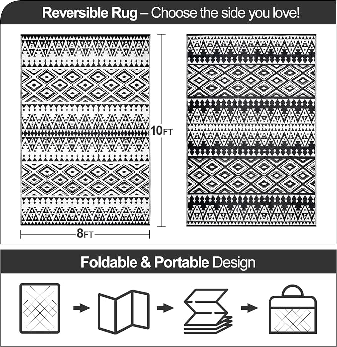 DiiKoo Waterproof Outdoor Rug 8x10ft, Black&White | Bohemia Reversible, Plastic Straw Mat, For Patio RV Deck Porch Backyard Balcony, Camping Picnic Beach Indoor Outdoor - Image 2