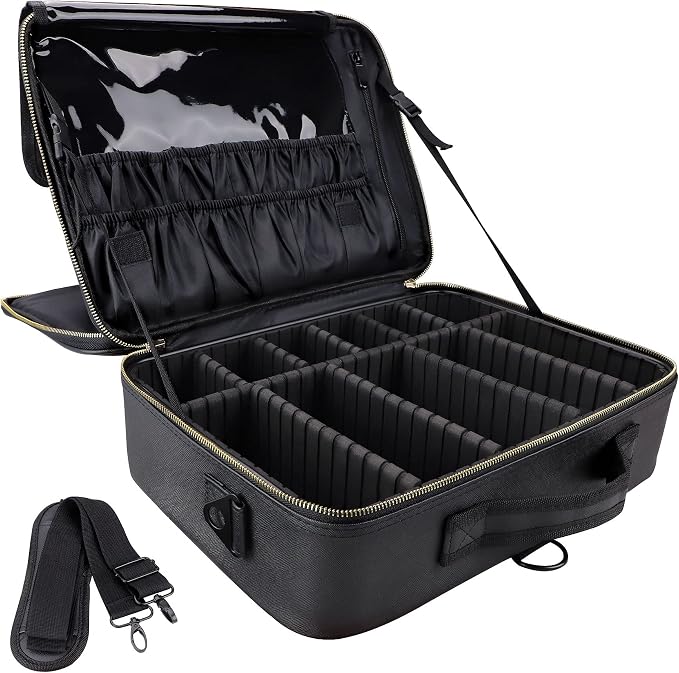 Travel Makeup Train Case,Large Capacity Cosmetic Bags for Women,Portable Makeup Bag Organizer with Adjustable Dividers & Shoulder Strap(Black, L) by JOURMON