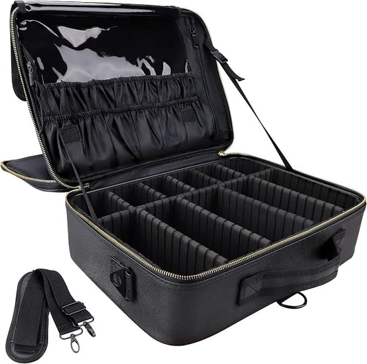 Travel Makeup Train Case,Large Capacity Cosmetic Bags for Women,Portable Makeup Bag Organizer with Adjustable Dividers & Shoulder Strap(Black, L) by JOURMON