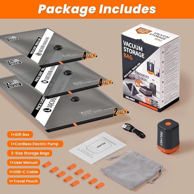 10 Pack Travel Vacuum Storage Bags with Portable Cordless Electric Pump | Vacuum Seal Bags for Clothing & Suitcase, Ideal for Business Trips, Cruise Vacations, RV Life, and Seasonal Storage. - Image 8