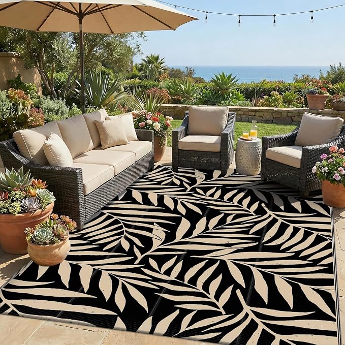 Smiry Outdoor Rug 5x8 ft, Waterproof Reversible Plastic Straw Rugs, Outdoor Area Rug with Leaf Pattern, Outside Floor Mat for Patio, Backyard, Deck, Picnic, Beach, Camping, Black & Beige by Smiry