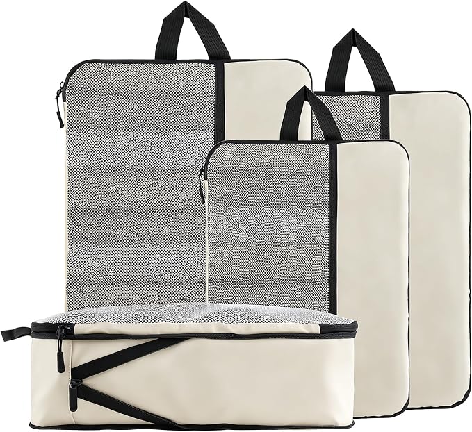 U+U 4 Set Compression Packing Cubes - Ultralight Cream Travel Organizers, Space-Saving Suitcase Organizer, Expandable Packing Cubes for Travel and Family Vacation (Cream) by UU