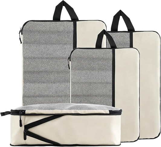U+U 4 Set Compression Packing Cubes - Ultralight Cream Travel Organizers, Space-Saving Suitcase Organizer, Expandable Packing Cubes for Travel and Family Vacation (Cream) by UU